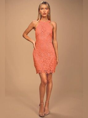 Lulu's Coral Lace Halter Mini Dress